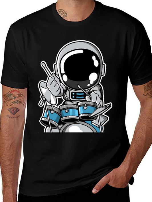 Astronaut Drummer Black T-Shirt - Space Musician Tee