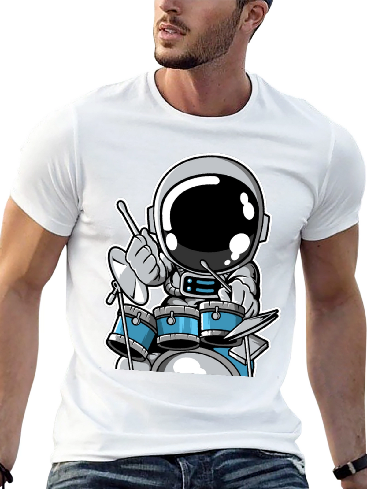 Astronaut Drummer Black T-Shirt - Space Musician Tee