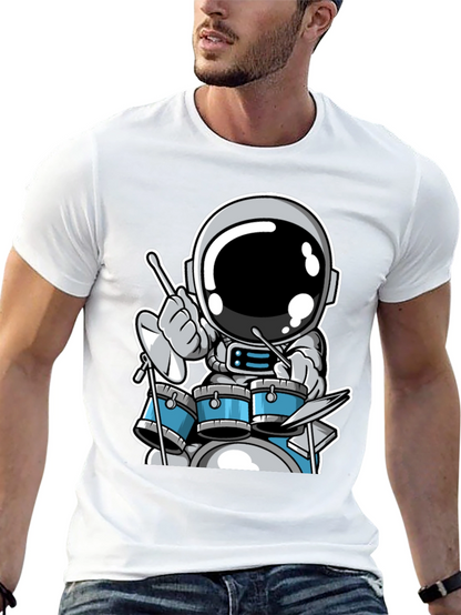 Astronaut Drummer Black T-Shirt - Space Musician Tee