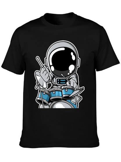 Astronaut Drummer Black T-Shirt - Space Musician Tee