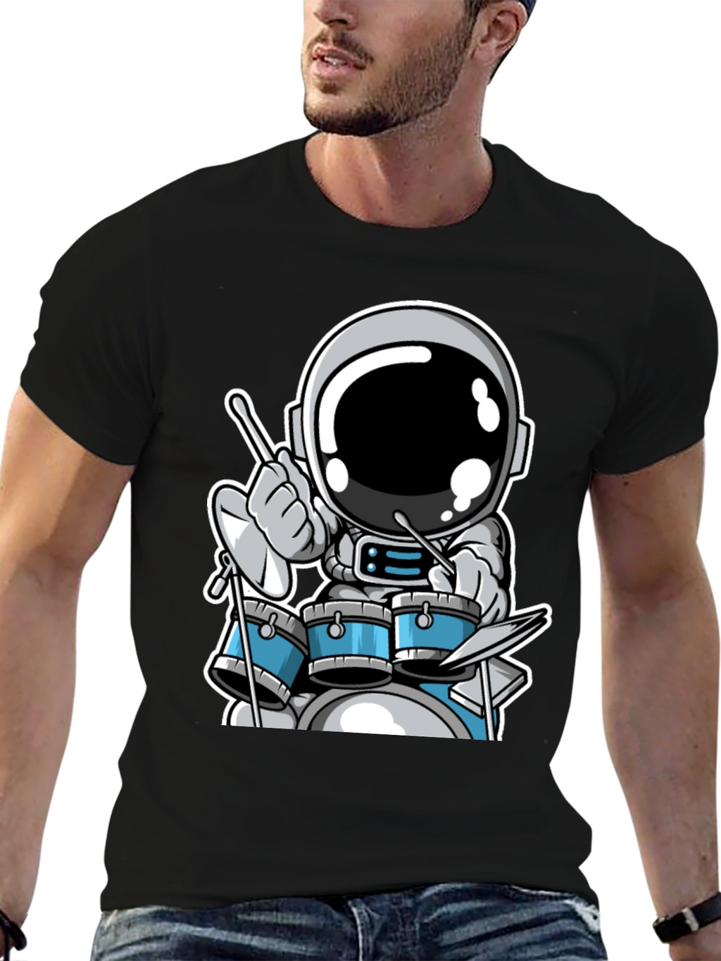 Astronaut Drummer Black T-Shirt - Space Musician Tee