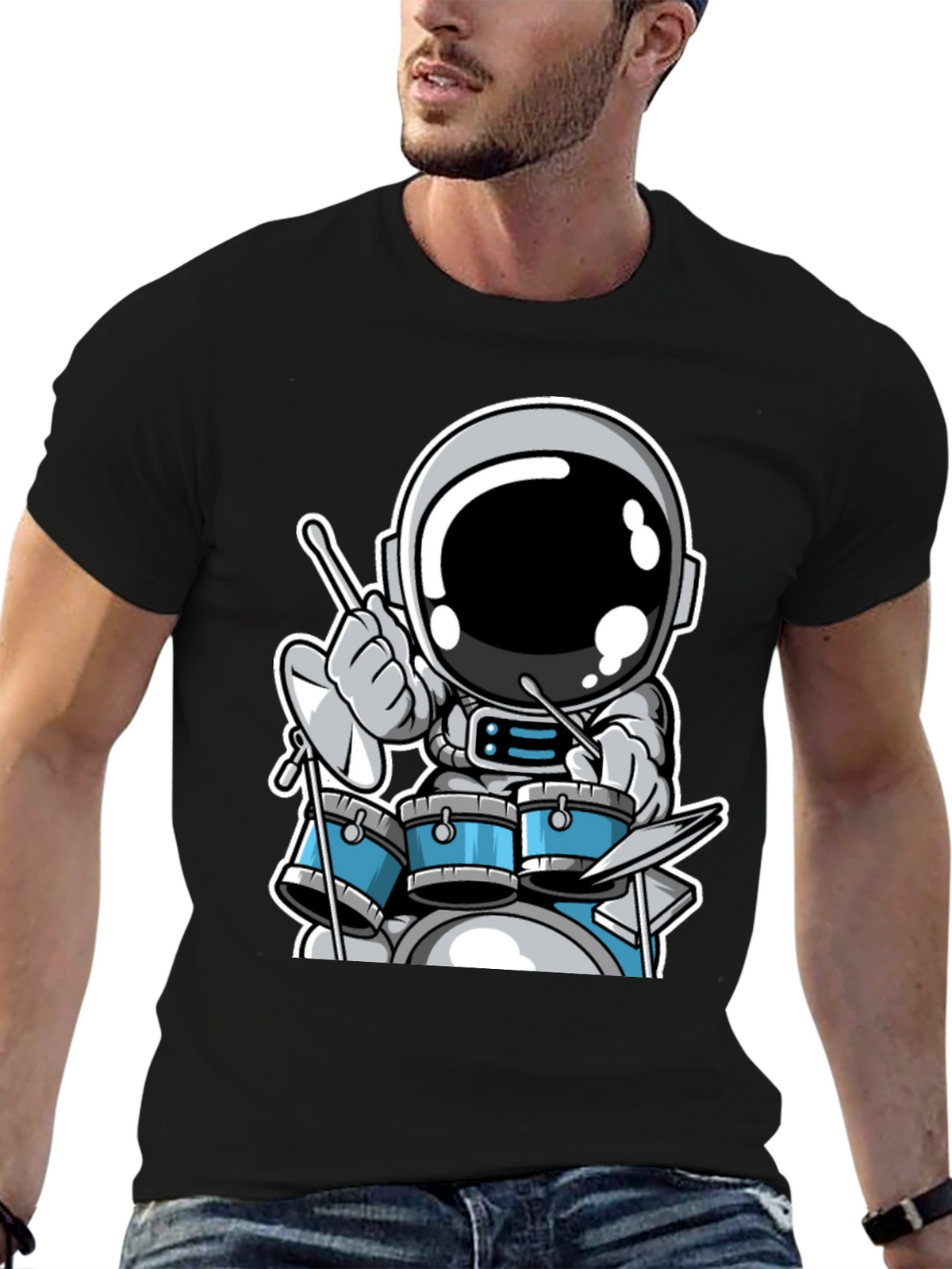 Astronaut Drummer Black T-Shirt - Space Musician Tee