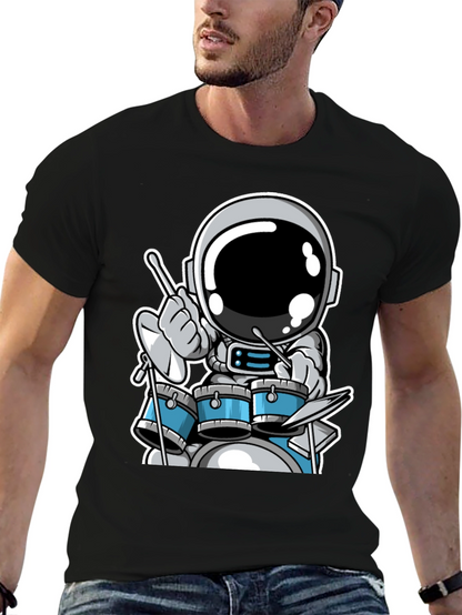 Astronaut Drummer Black T-Shirt - Space Musician Tee