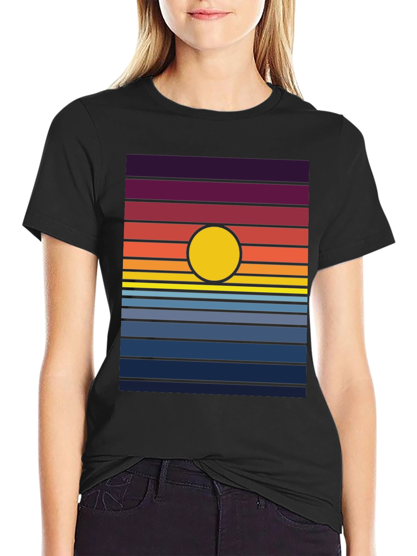 Retro Sunset Graphic Tee - Black Cotton Blend T-Shirt
