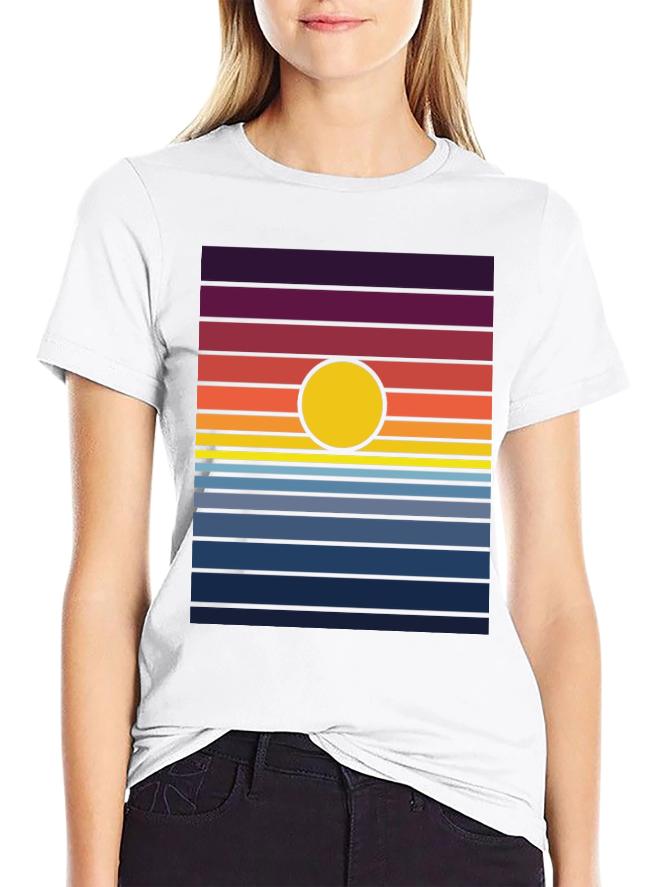 Retro Sunset Graphic Tee - Black Cotton Blend T-Shirt