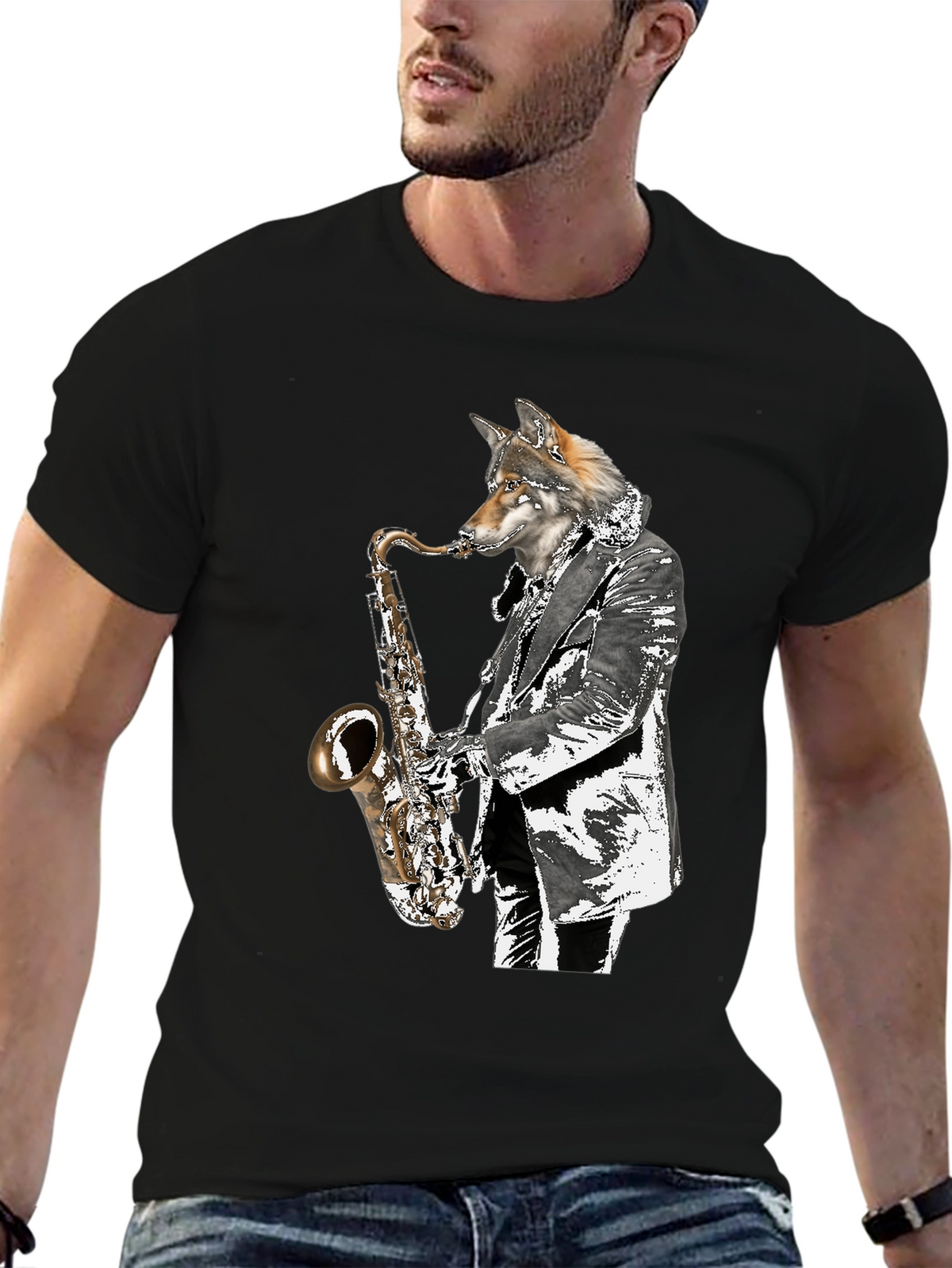 Cool Wolf Saxophone Player Graphic T-Shirt