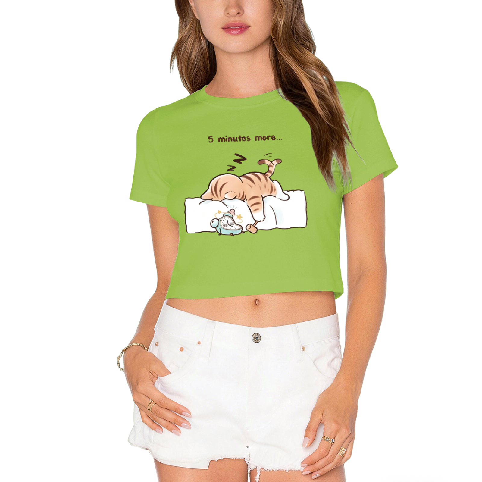 5 Minutes More Sleepy Tabby Cat Lime Crop Top