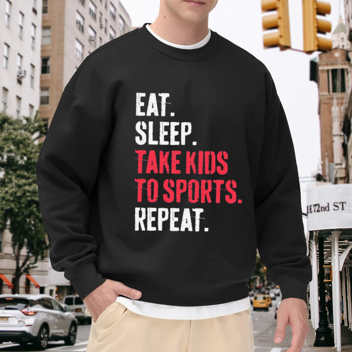 Eat Sleep Take Kids to Sports Repeat Crewneck Sweatshirt, Funny Sports Parent Life Graphic Pullover, Busy Mom Dad Gift Idea