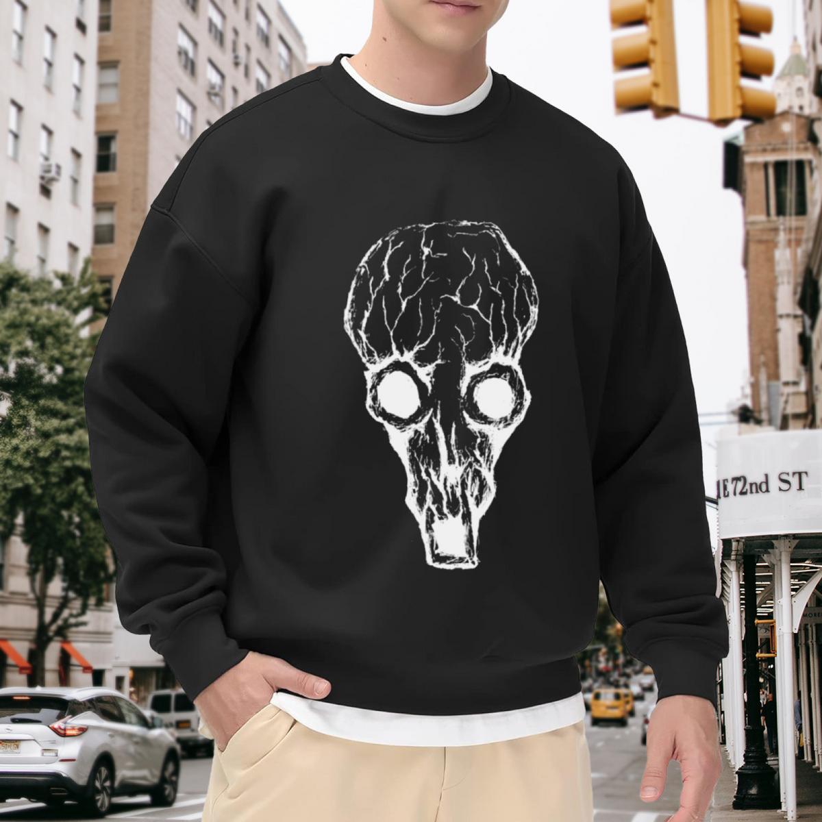 Grunge Distressed Skull Crewneck Sweatshirt, Rough Skeleton Graphic Pullover, Halloween Gift