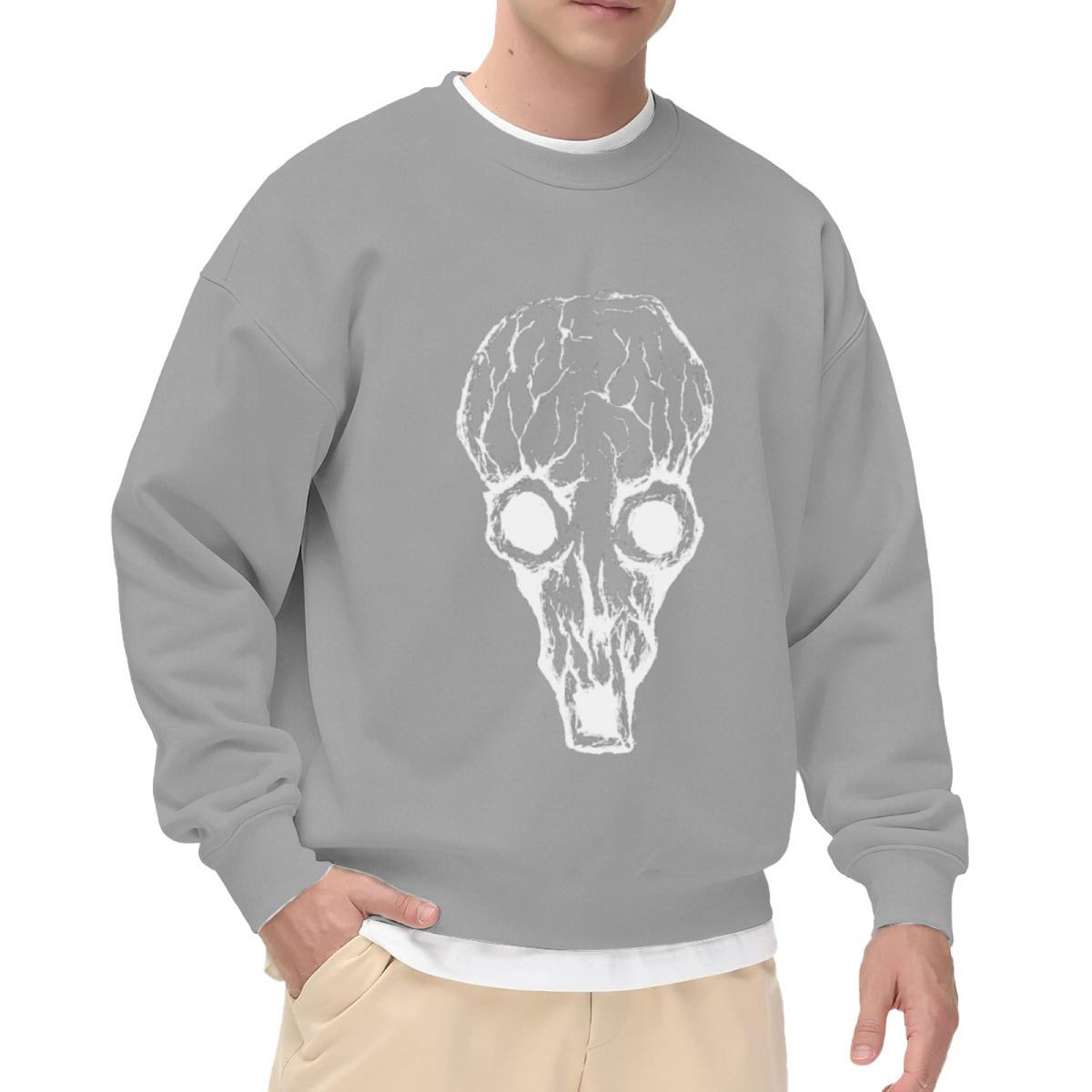 Grunge Distressed Skull Crewneck Sweatshirt, Rough Skeleton Graphic Pullover, Halloween Gift