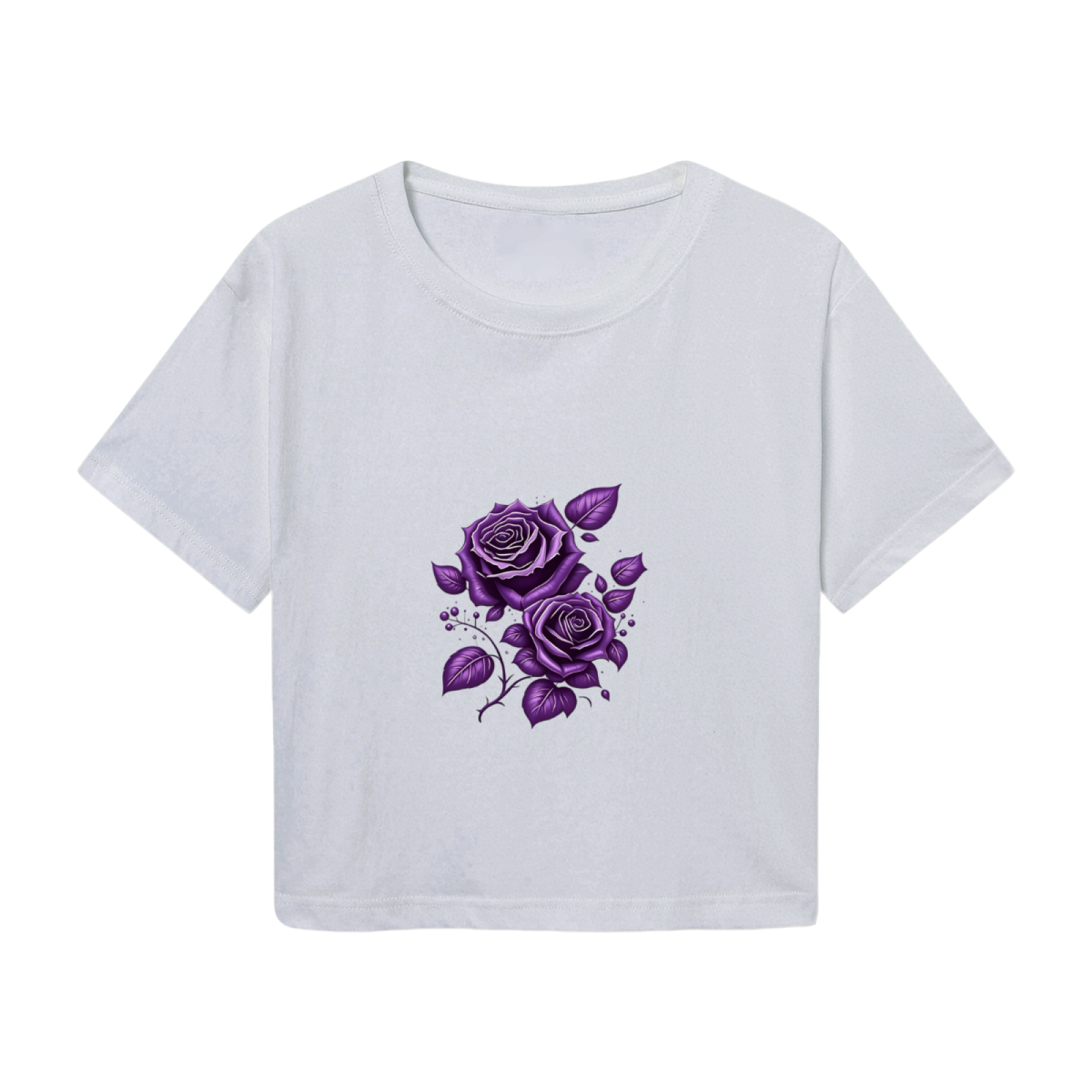 Soft Gray Cropped Tee With Watercolor Purple Rose Floral Print
