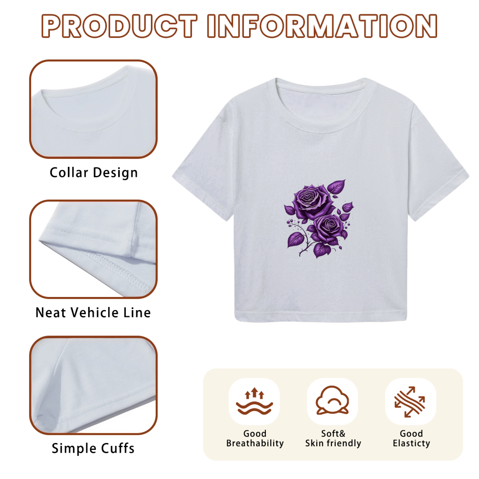 Soft Gray Cropped Tee With Watercolor Purple Rose Floral Print