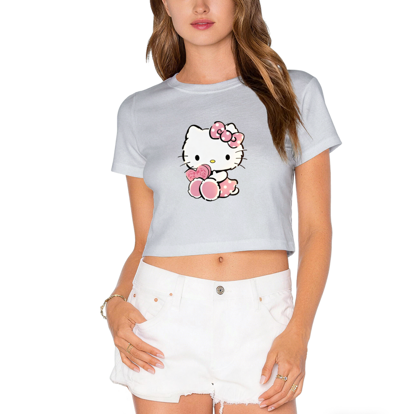 Adorable Hello Kitty Holding Sweet Treat Pink Cropped Tee