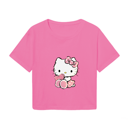 Adorable Hello Kitty Holding Sweet Treat Pink Cropped Tee