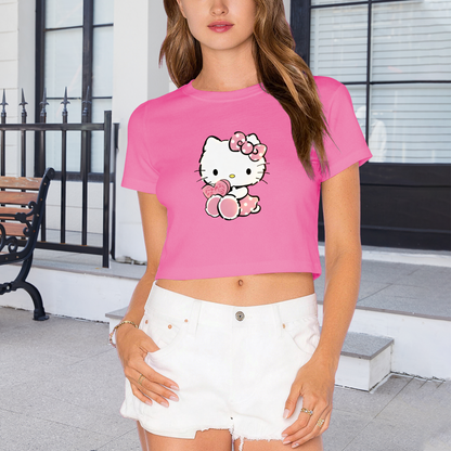 Adorable Hello Kitty Holding Sweet Treat Pink Cropped Tee