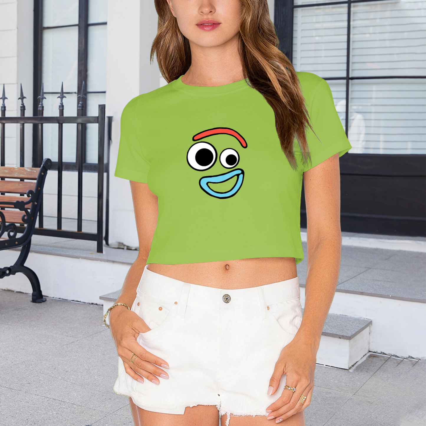 Fun Goofy Cartoon Face Bright Green Cropped Top