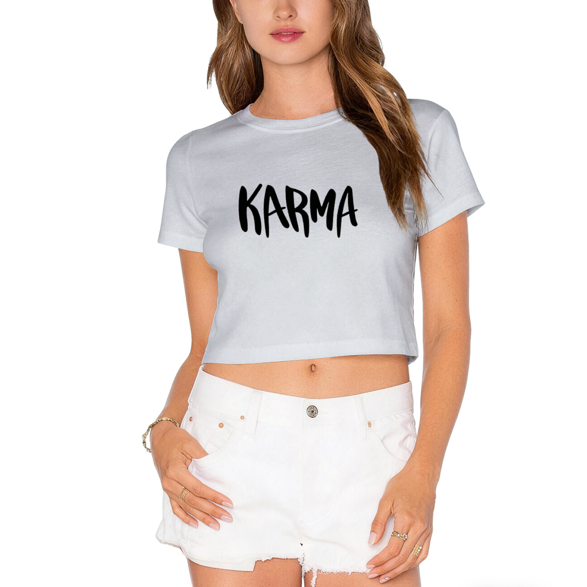 Bold Handwritten KARMA Light Gray Crop Top ¨C Minimal Trendy Daily Streetwear Cropped Tee