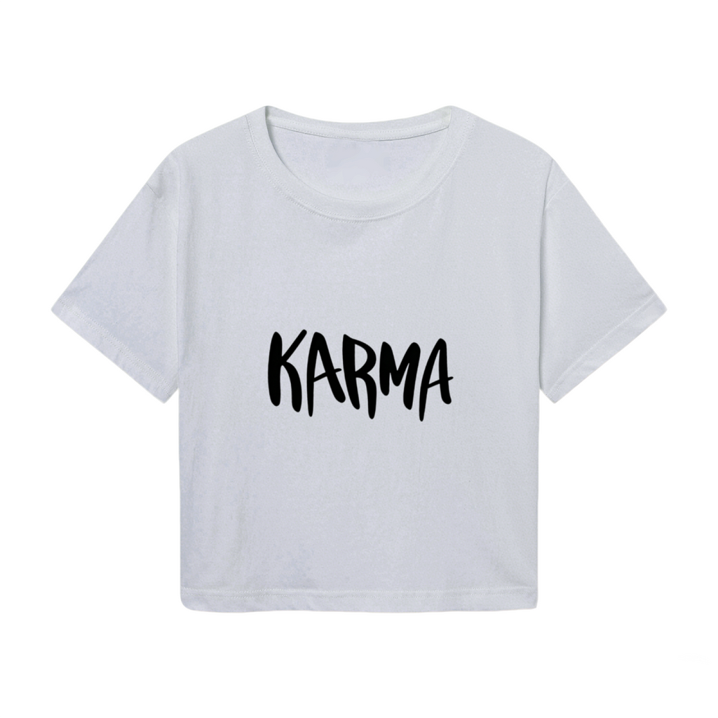 Bold Handwritten KARMA Light Gray Crop Top ¨C Minimal Trendy Daily Streetwear Cropped Tee