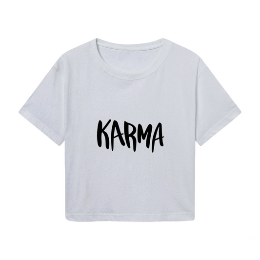 Bold Handwritten KARMA Light Gray Crop Top ¨C Minimal Trendy Daily Streetwear Cropped Tee