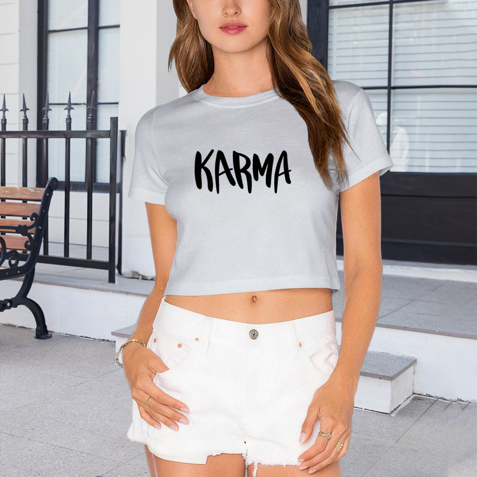 Bold Handwritten KARMA Light Gray Crop Top ¨C Minimal Trendy Daily Streetwear Cropped Tee