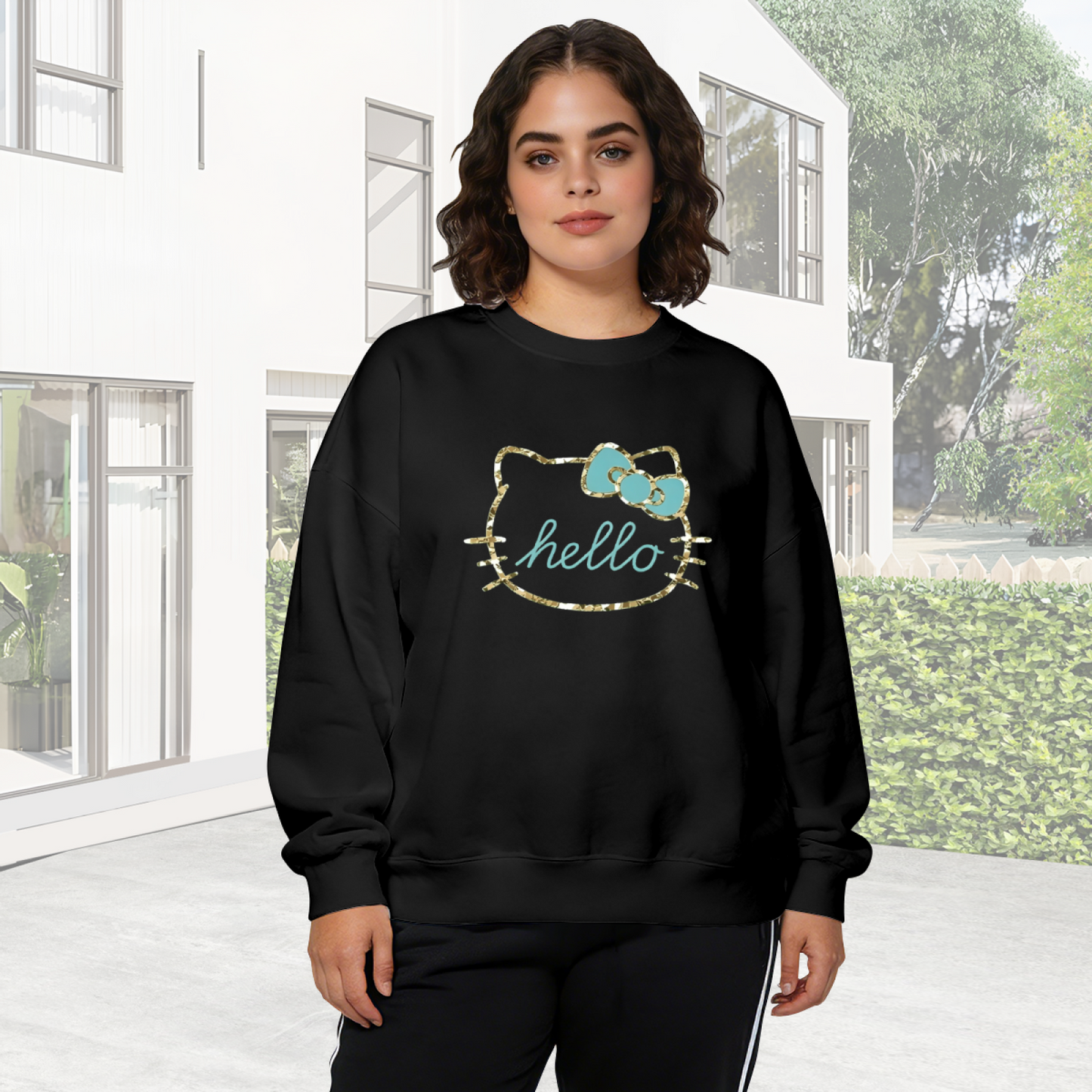 Glitter Outline Hello Kitty Cute Graphic Crewneck Sweatshirt