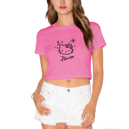 Minimal Line?Art Hello Kitty Pink Cropped T?Shirt