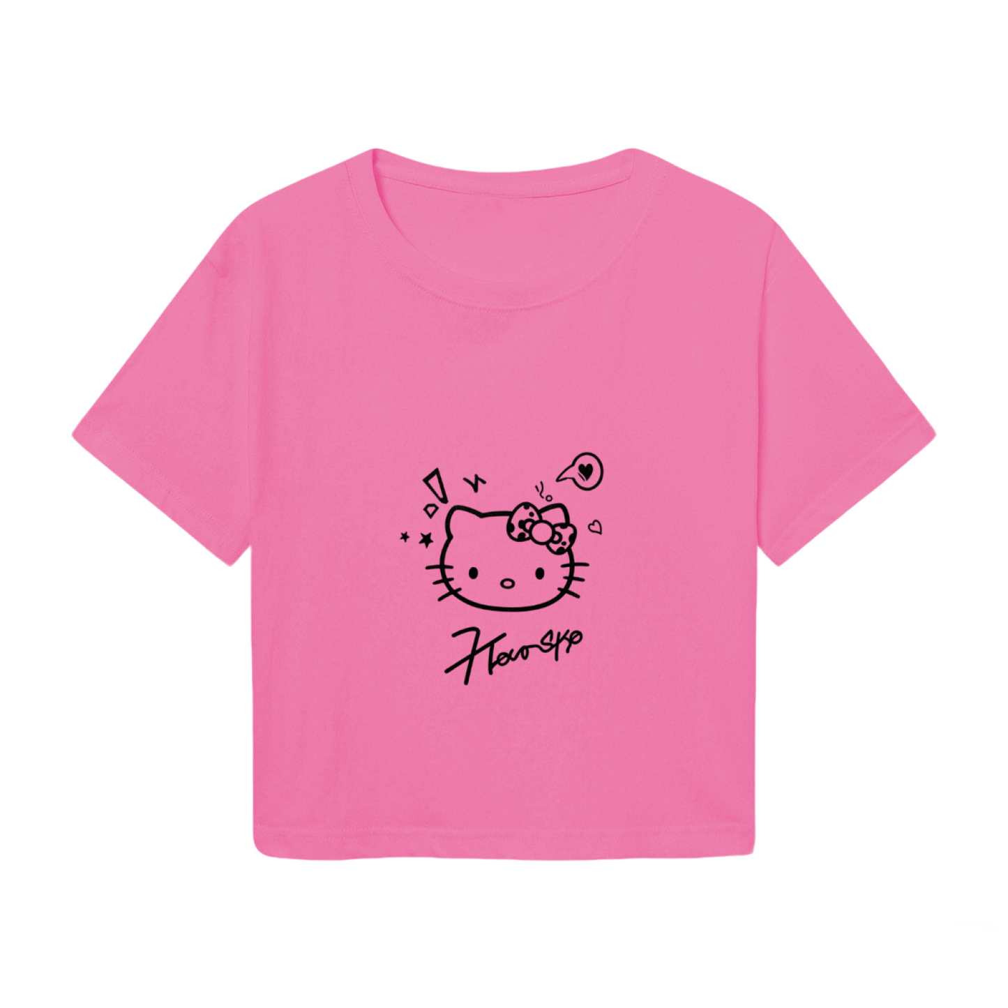 Minimal Line?Art Hello Kitty Pink Cropped T?Shirt