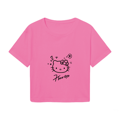 Minimal Line?Art Hello Kitty Pink Cropped T?Shirt