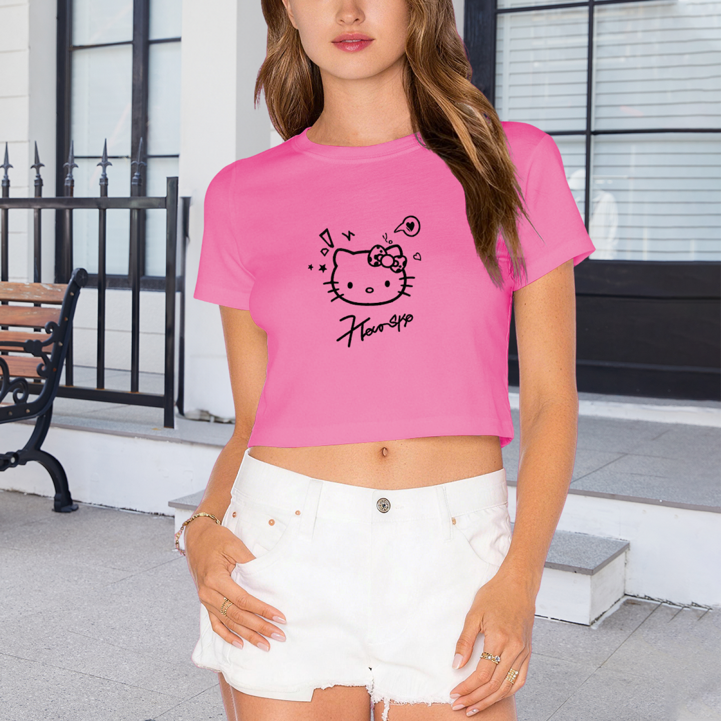 Minimal Line?Art Hello Kitty Pink Cropped T?Shirt