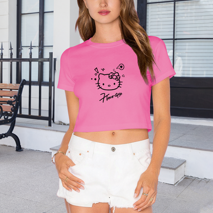 Minimal Line?Art Hello Kitty Pink Cropped T?Shirt