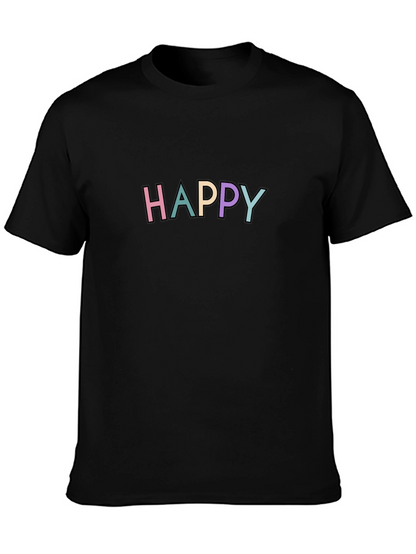 Happy Graphic Print Black Crew Neck T-Shirt