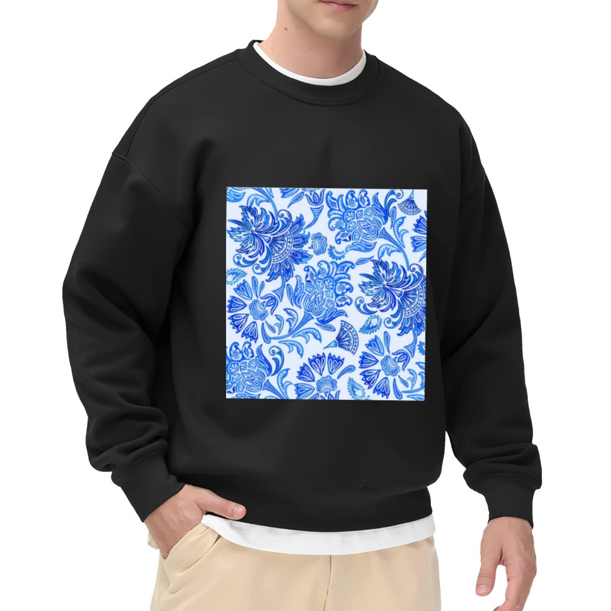 Blue Ornate Floral Crewneck Sweatshirt | Vintage Botanical Pattern Pullover, Intricate Paisley Flower Graphic Top, Elegant Gift