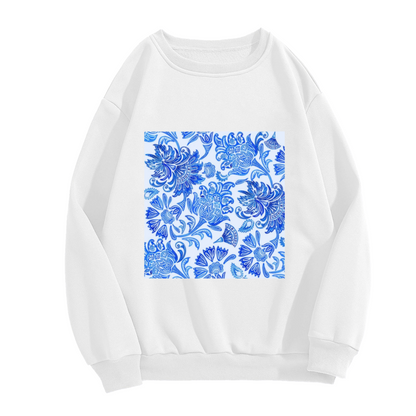 Blue Ornate Floral Crewneck Sweatshirt | Vintage Botanical Pattern Pullover, Intricate Paisley Flower Graphic Top, Elegant Gift