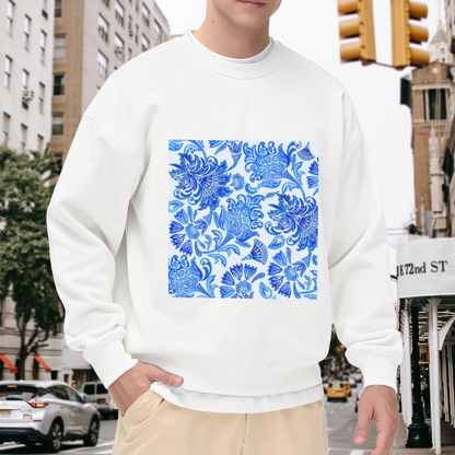 Blue Ornate Floral Crewneck Sweatshirt | Vintage Botanical Pattern Pullover, Intricate Paisley Flower Graphic Top, Elegant Gift