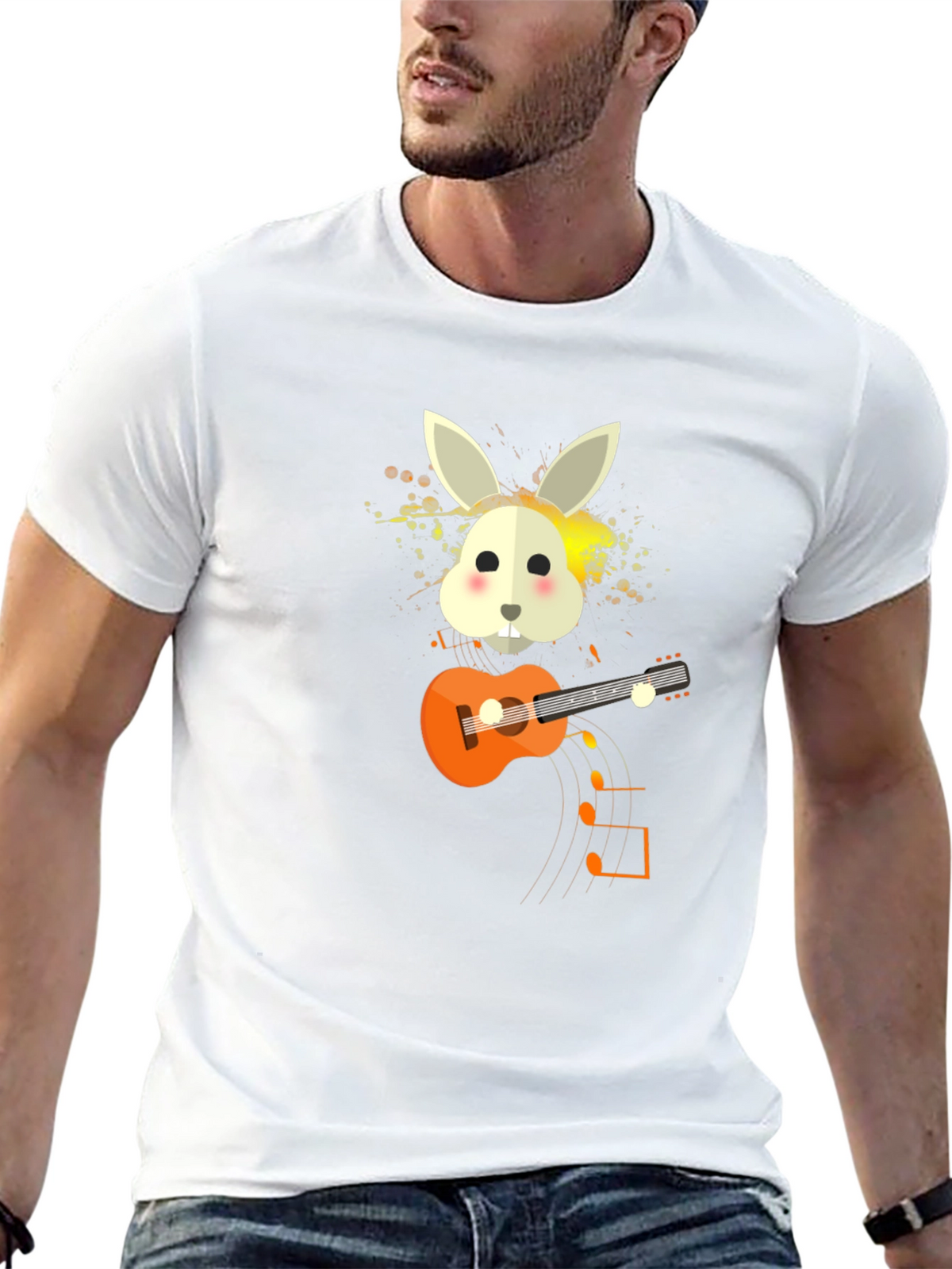 Rabbit Guitar Player Graphic Tee - Unisex Black T-Shirt