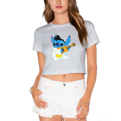 Elvis Rock?N?Roll Stitch Fun Graphic Cropped Top Cute Cartoon Crop Tee
