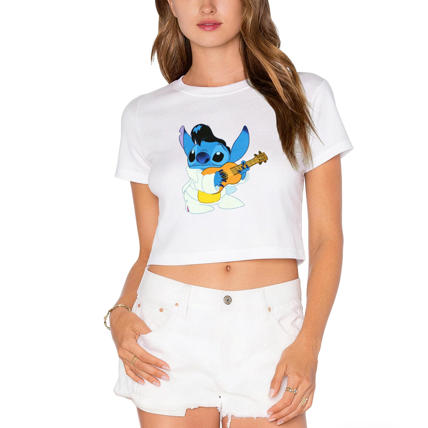 Elvis Rock?N?Roll Stitch Fun Graphic Cropped Top Cute Cartoon Crop Tee