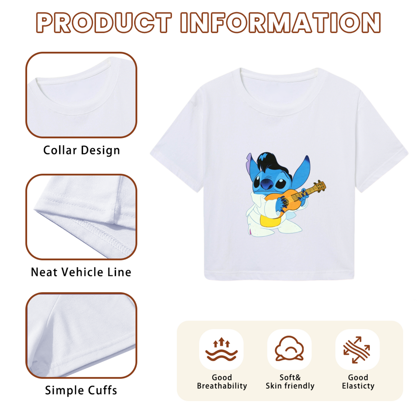 Elvis Rock?N?Roll Stitch Fun Graphic Cropped Top Cute Cartoon Crop Tee