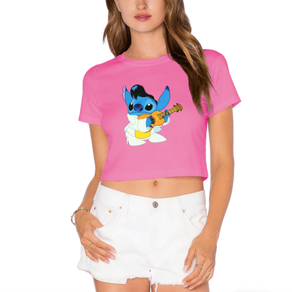 Elvis Rock?N?Roll Stitch Fun Graphic Cropped Top Cute Cartoon Crop Tee