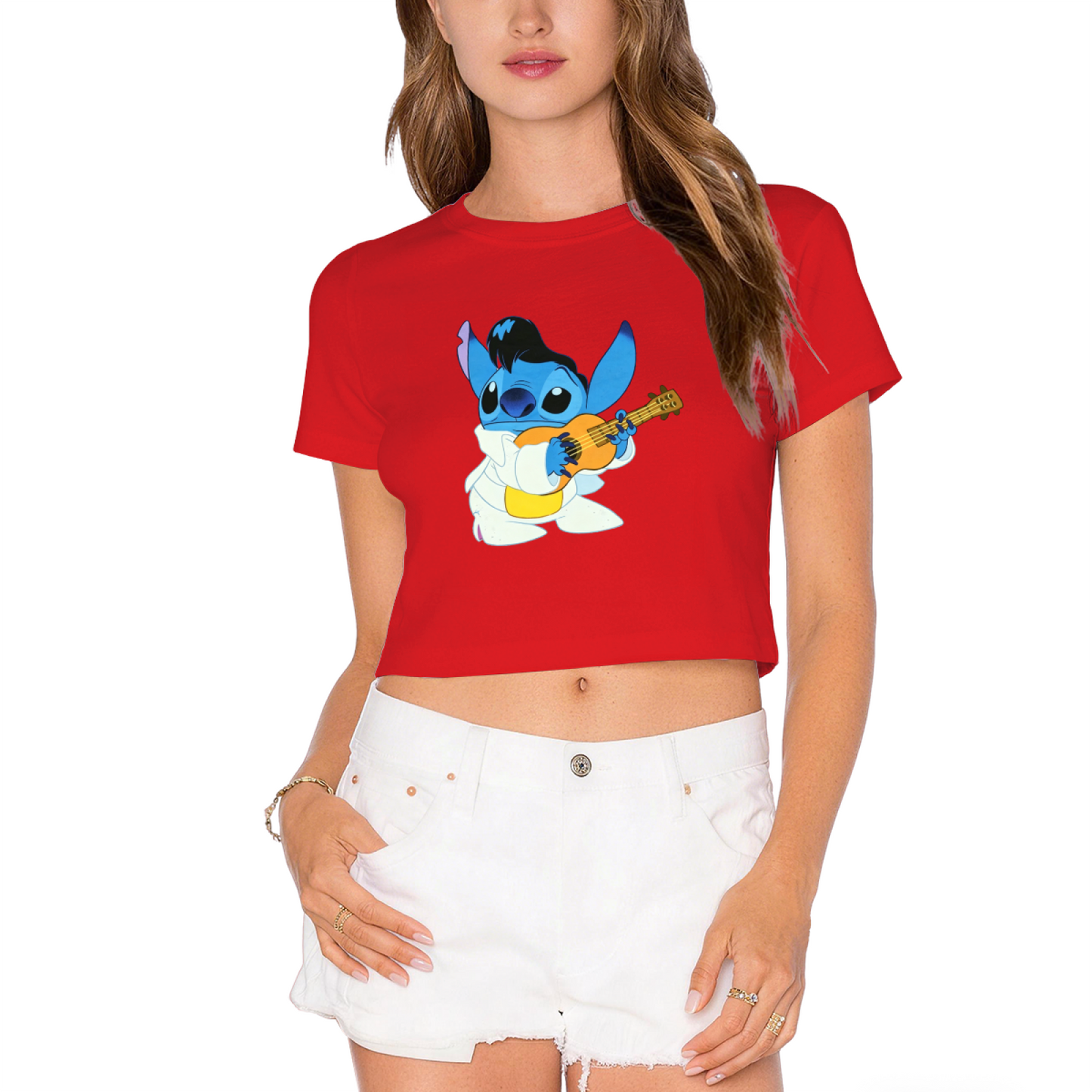 Elvis Rock?N?Roll Stitch Fun Graphic Cropped Top Cute Cartoon Crop Tee