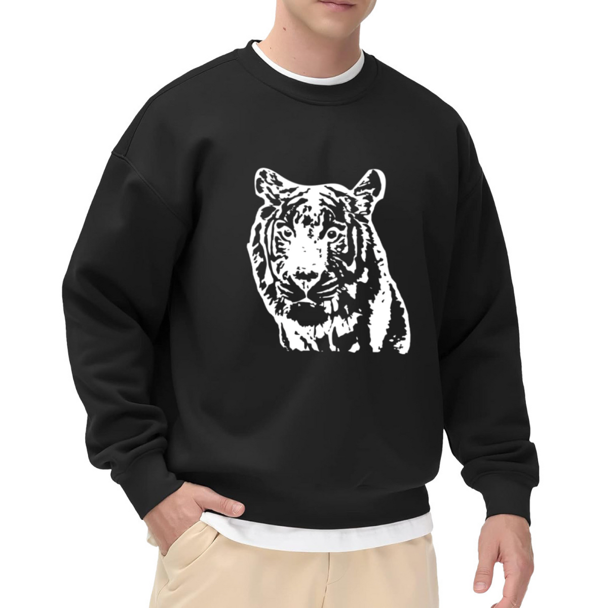 Fierce Tiger Head Crewneck Sweatshirt - High Contrast Wild Animal Graphic Casual Streetwear Pullover