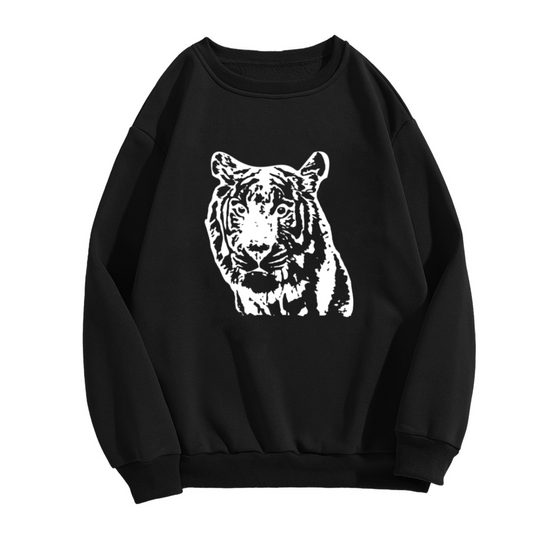 Fierce Tiger Head Crewneck Sweatshirt - High Contrast Wild Animal Graphic Casual Streetwear Pullover