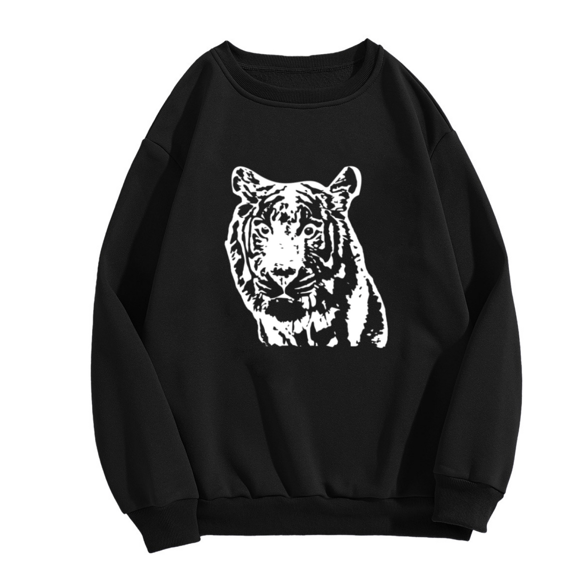 Fierce Tiger Head Crewneck Sweatshirt - High Contrast Wild Animal Graphic Casual Streetwear Pullover