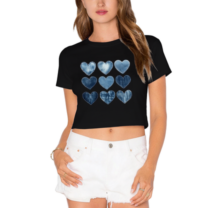 Denim Patchwork Nine Hearts Y2K Grey Crop Top