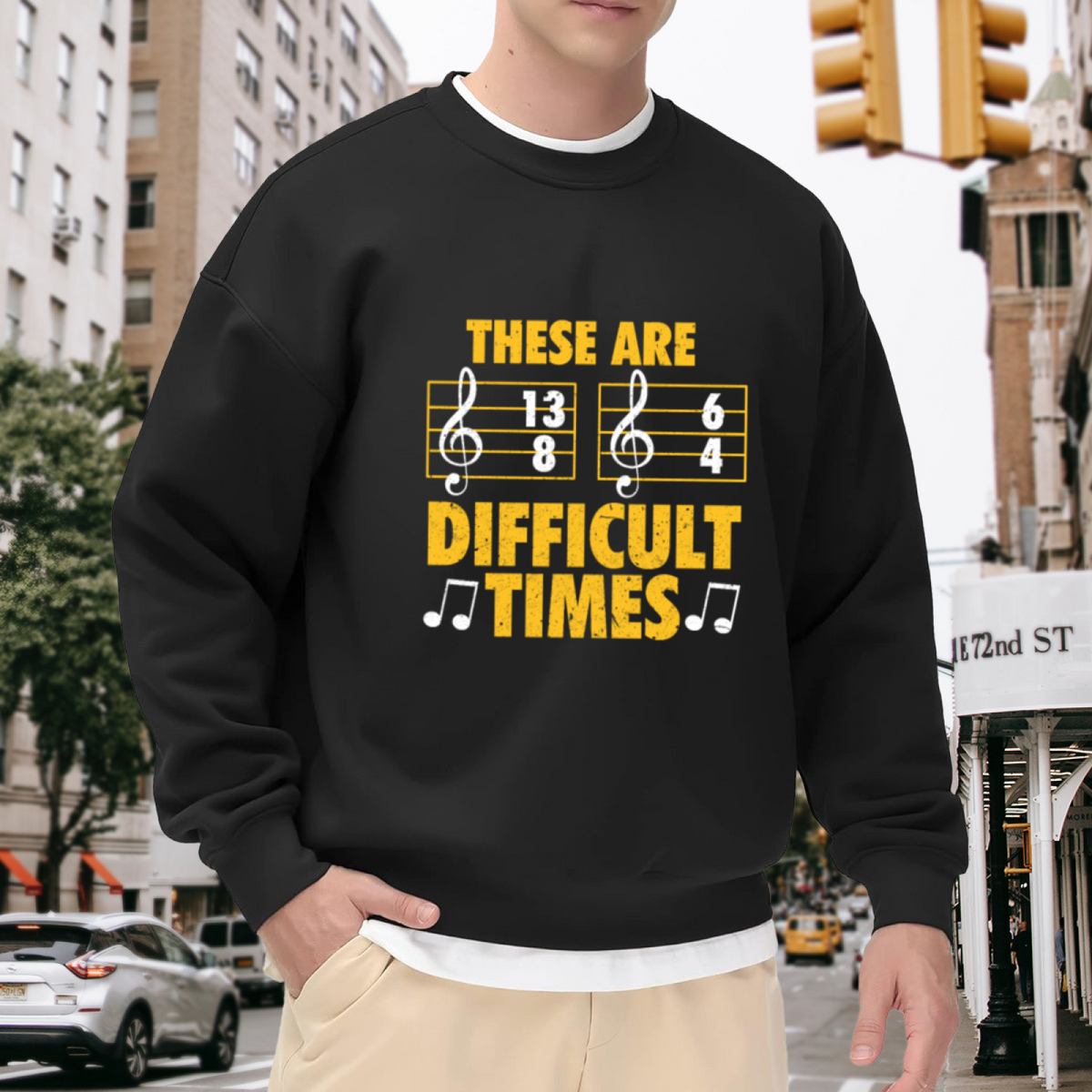 These Are Difficult Times Musician Crewneck Sweatshirt with 13/8 & 6/4 Time Signatures