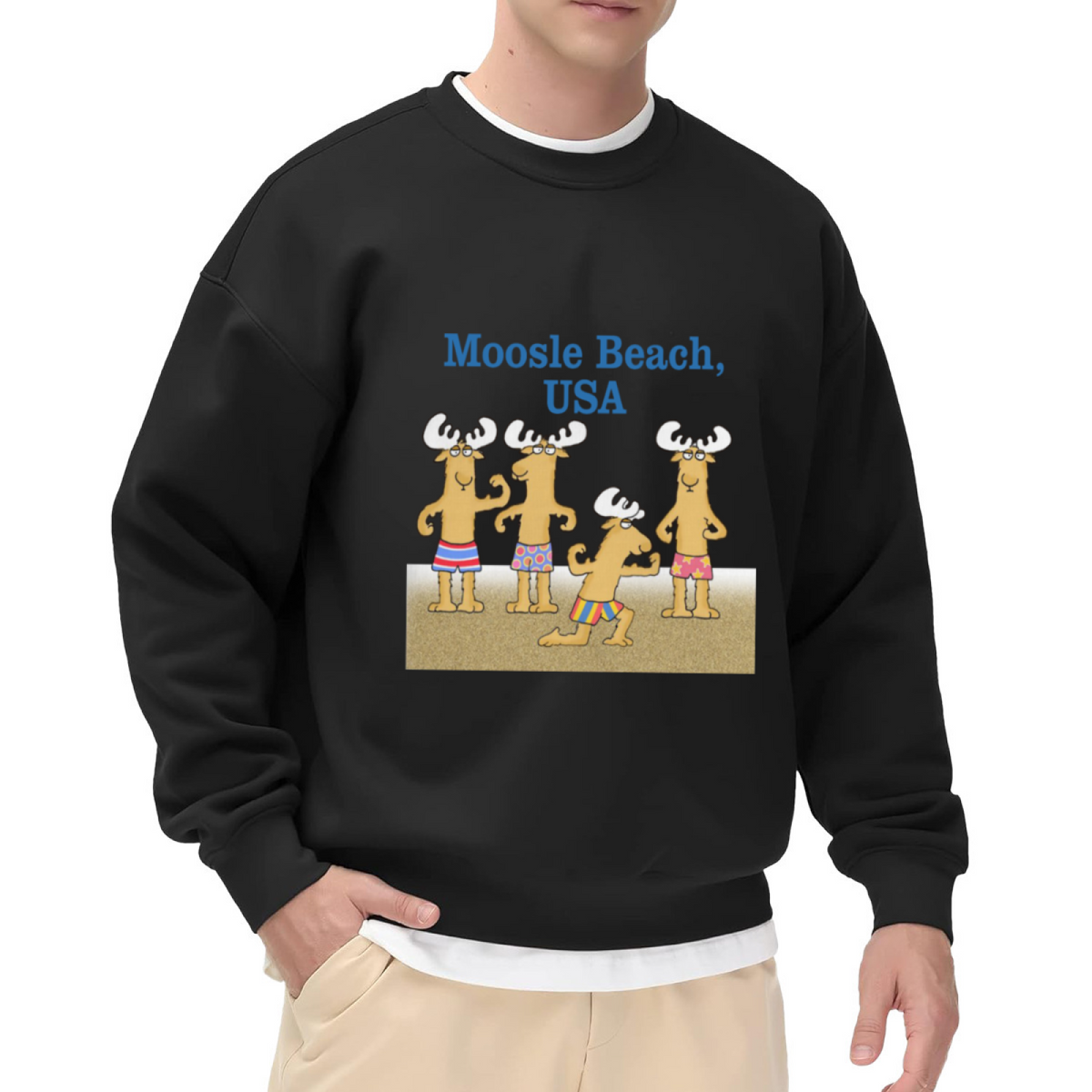 Humorous Moosle Beach USA Cartoon Moose in Swim Trunks Crewneck Sweatshirt, Casual Vacation Beach Top