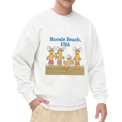 Humorous Moosle Beach USA Cartoon Moose in Swim Trunks Crewneck Sweatshirt, Casual Vacation Beach Top