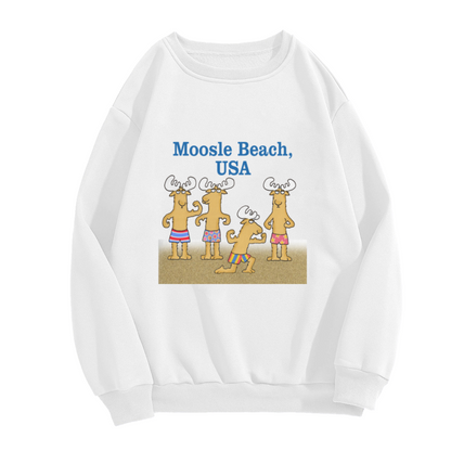 Humorous Moosle Beach USA Cartoon Moose in Swim Trunks Crewneck Sweatshirt, Casual Vacation Beach Top
