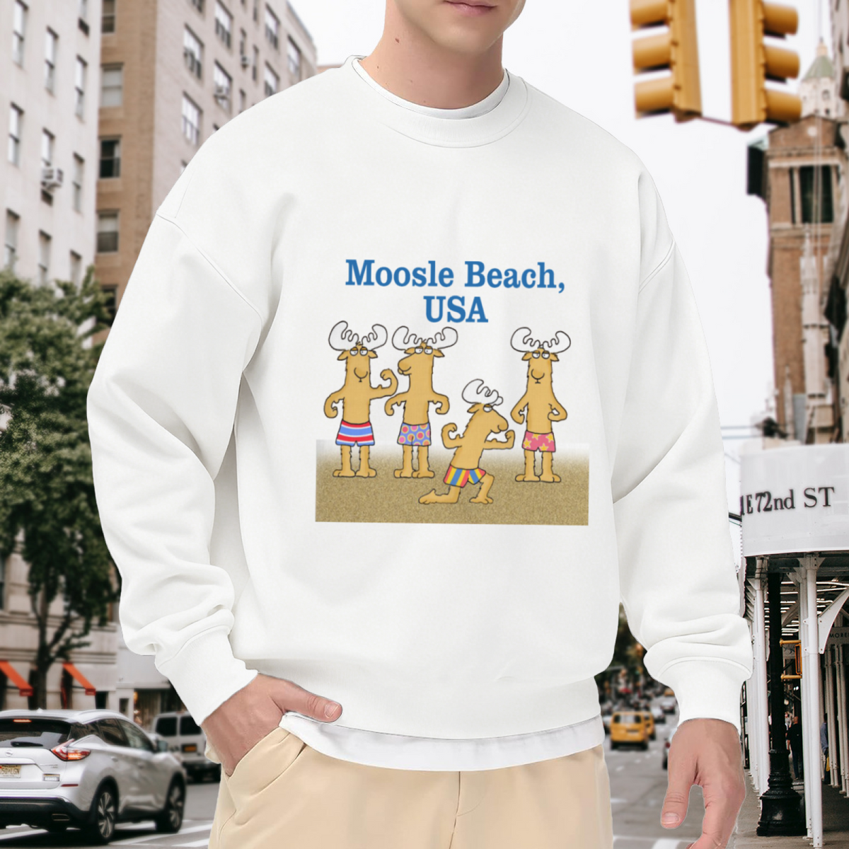 Humorous Moosle Beach USA Cartoon Moose in Swim Trunks Crewneck Sweatshirt, Casual Vacation Beach Top
