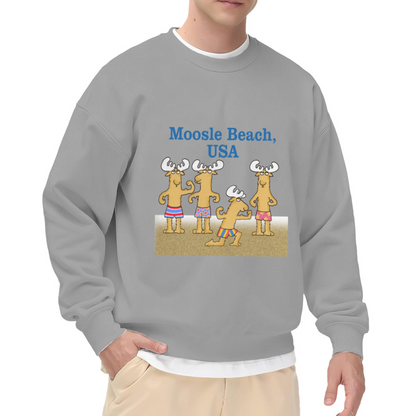 Humorous Moosle Beach USA Cartoon Moose in Swim Trunks Crewneck Sweatshirt, Casual Vacation Beach Top